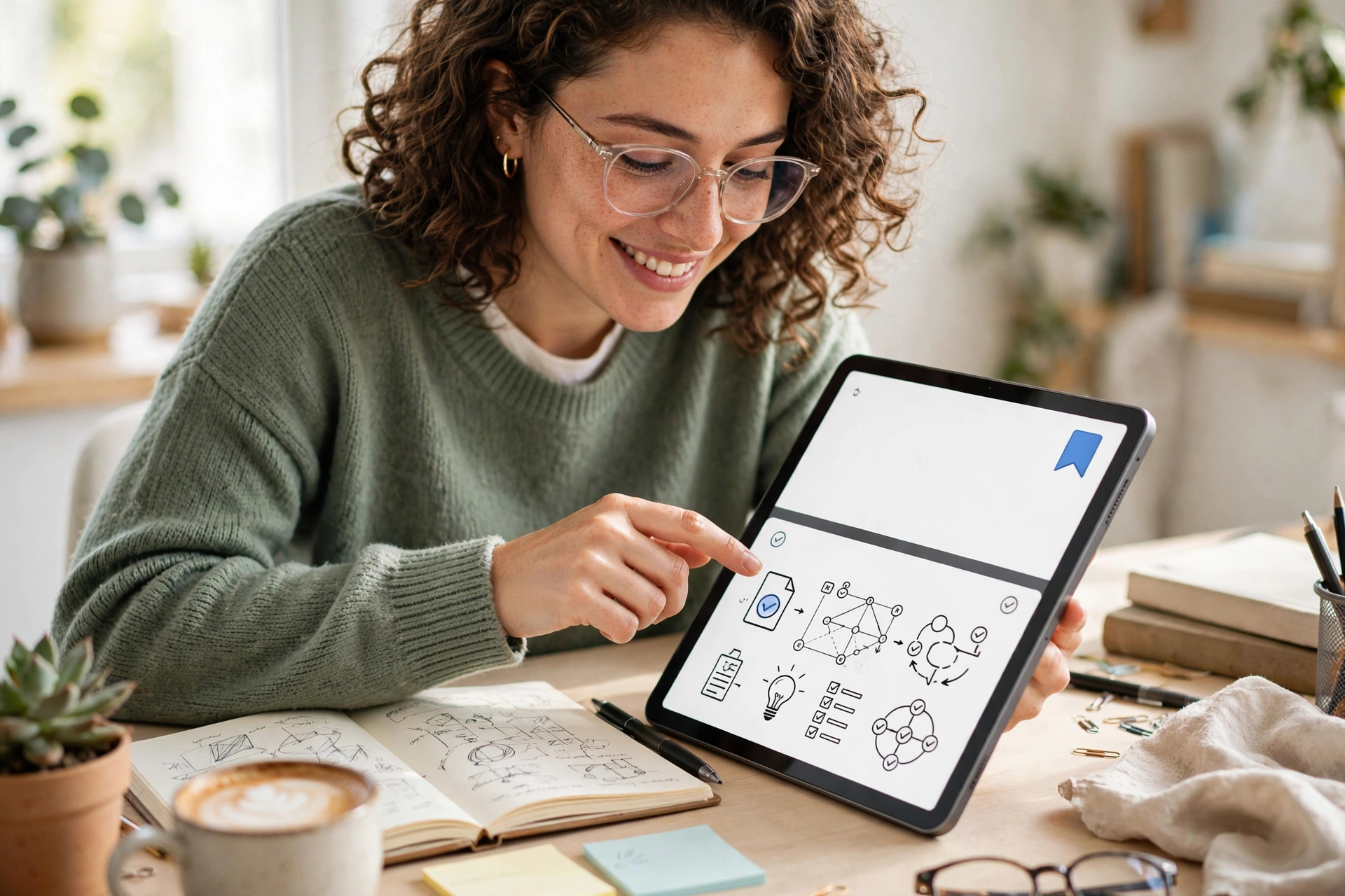 Engaged reader opening a related guide on a tablet